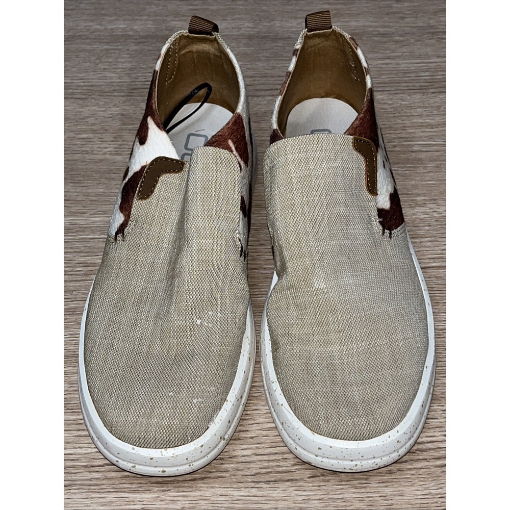 Hey Dude Women's Emma Chocolate Mix Cow Print Hair Shoes Tan Canvas Front US 10